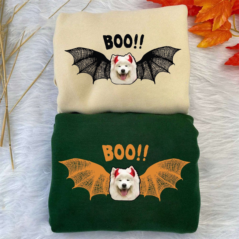Halloween-Pullover mit Foto deines Hundes „BOO!!“
