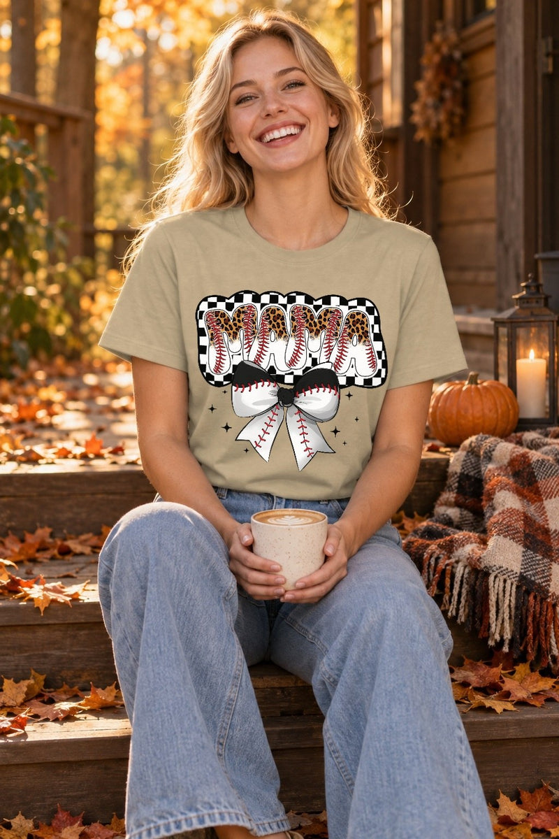 Baseball-Mama-Shirt „MAMA“ mit Leo-Buchstaben und Baseball-Schleife