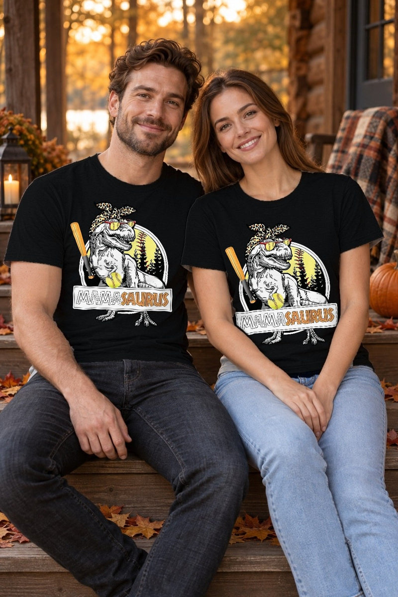 Mama-Shirt „Mamasaurus“ mit T-Rex mit Leo-Bandana, Sonnenbrille und Schläger