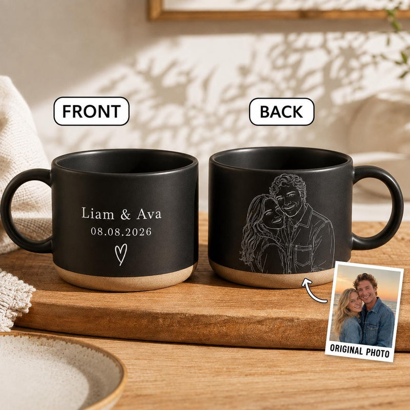 Pärchen-Tasse personalisiert mit Line-Art-Porträt nach eurem Foto, Namen & Datum
