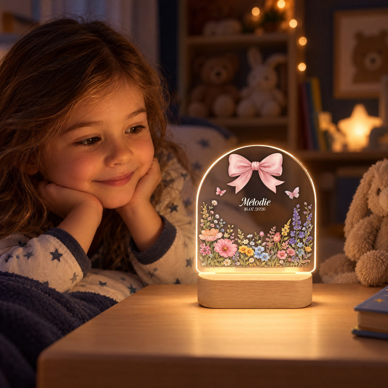 Nachtlicht mit Namen und Datum – rosa Schleife und Wildblumenwiese