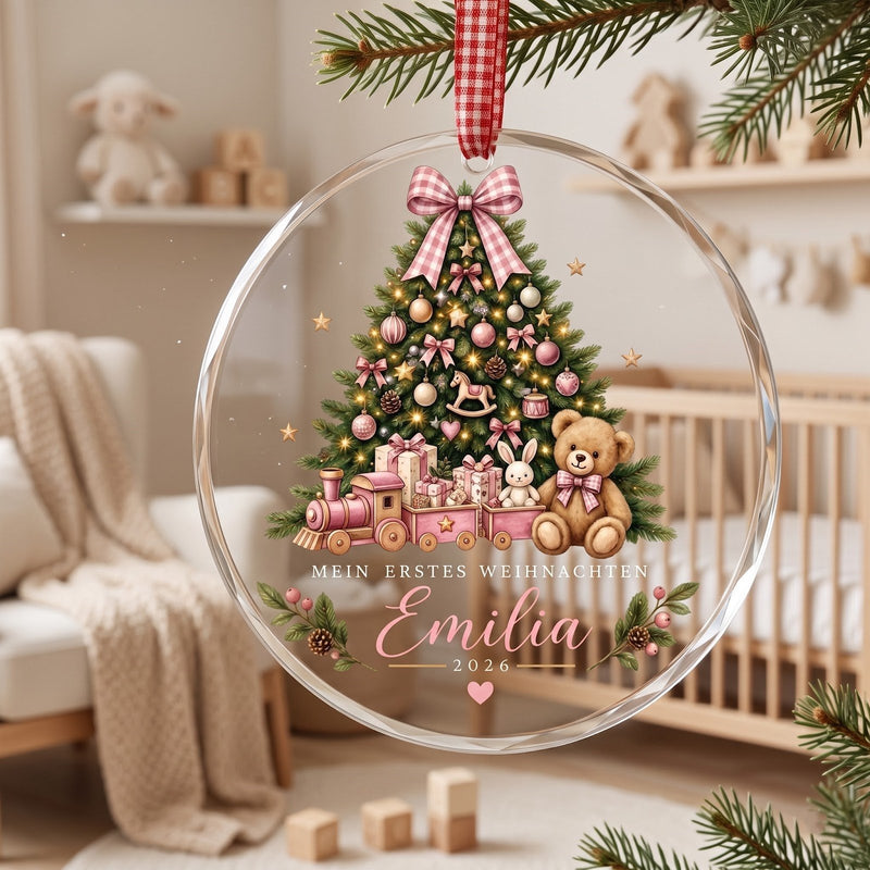 Mein erstes Weihnachten Glas-Anhänger mit Namen und Jahr – Tannenbaum mit Teddy