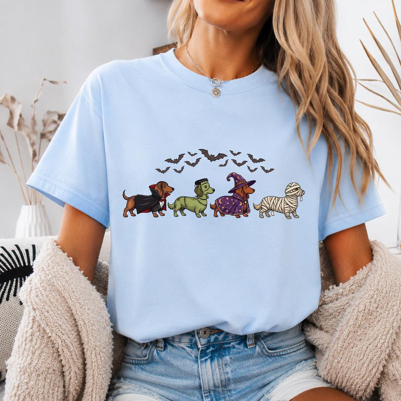Halloween Dackel Shirt mit vier verkleideten Dackeln