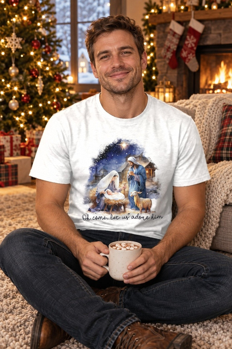 Weihnachtsshirt Krippe „Oh Come Let Us Adore Him“