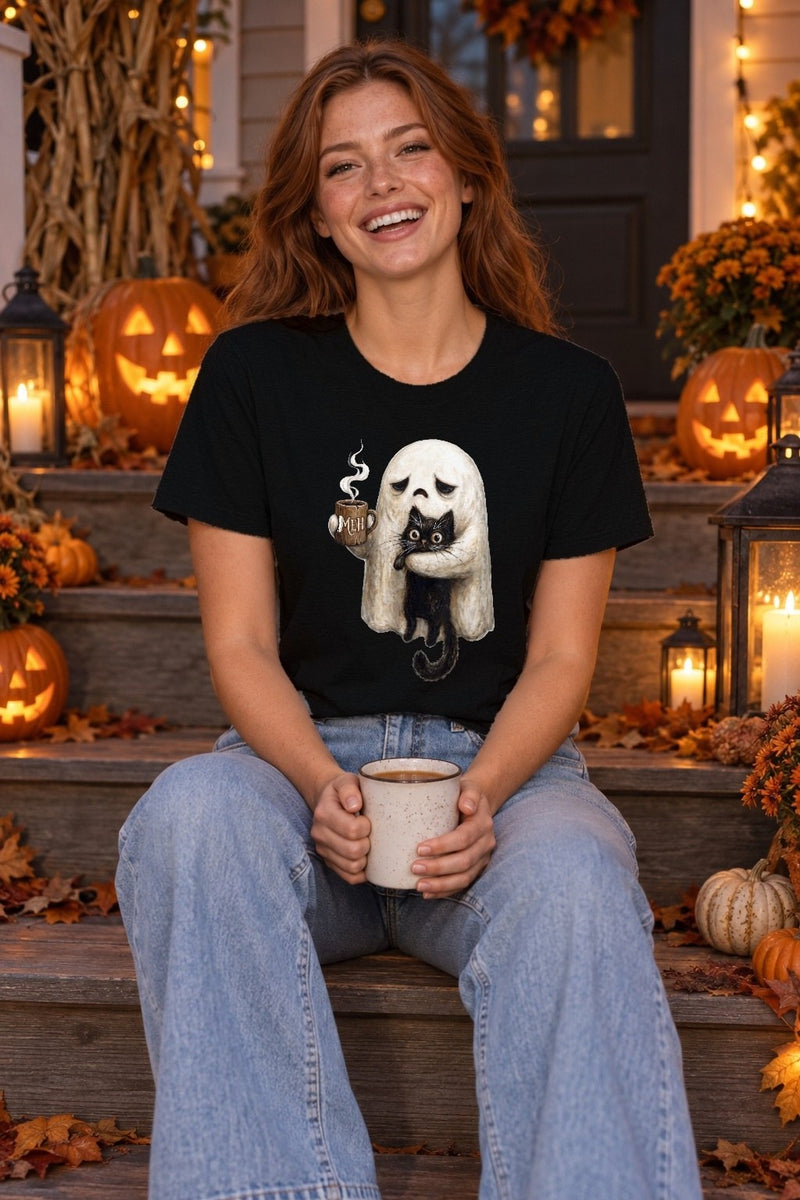 Halloween-Shirt mit Geist und schwarzer Katze