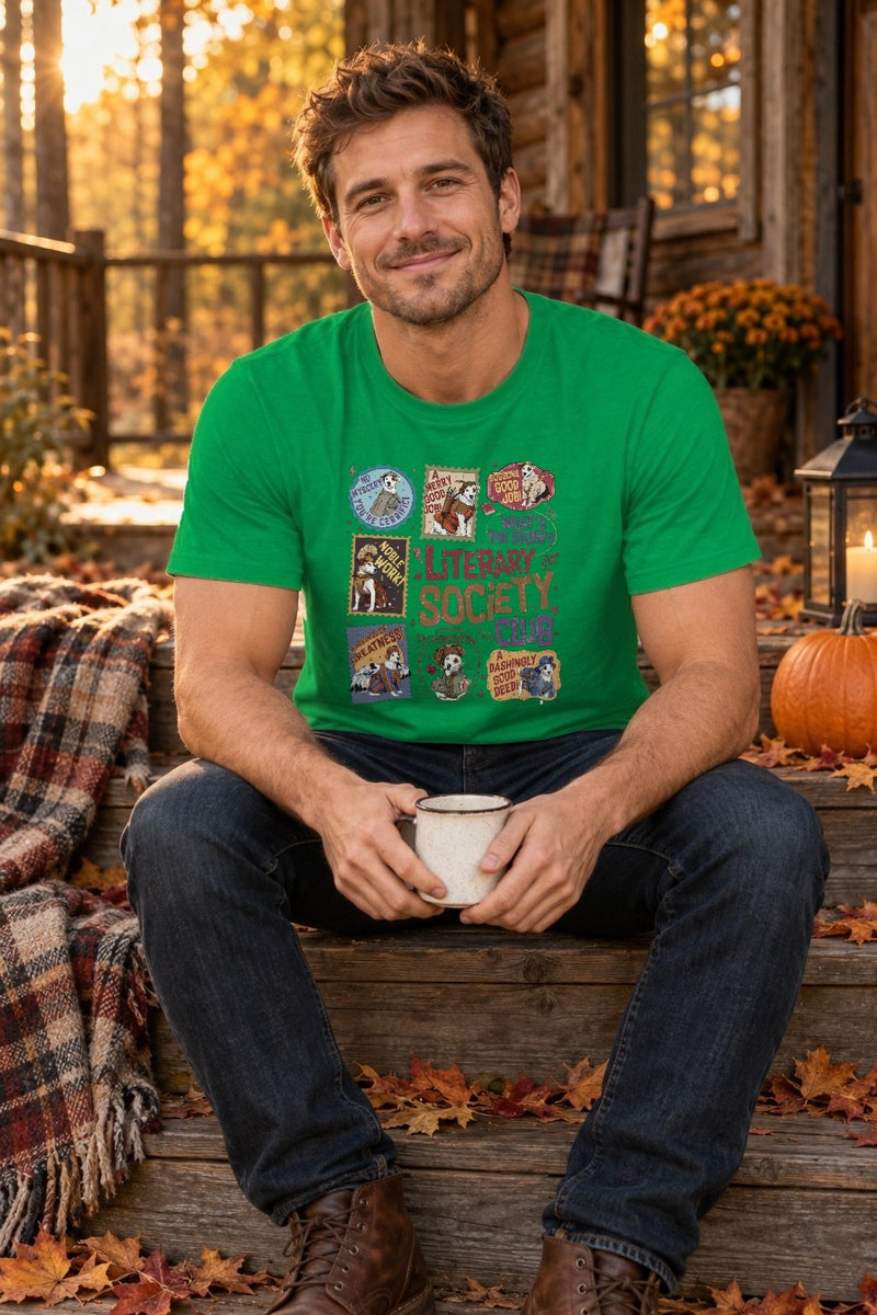 Bücher-Shirt „Literary Society Club“ mit Wishbone-Hund im Briefmarken-Look
