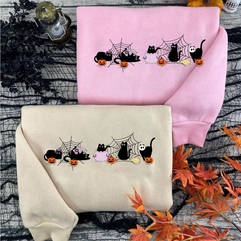Halloween Pullover Katze – schwarze Katzen mit Spinnennetzen