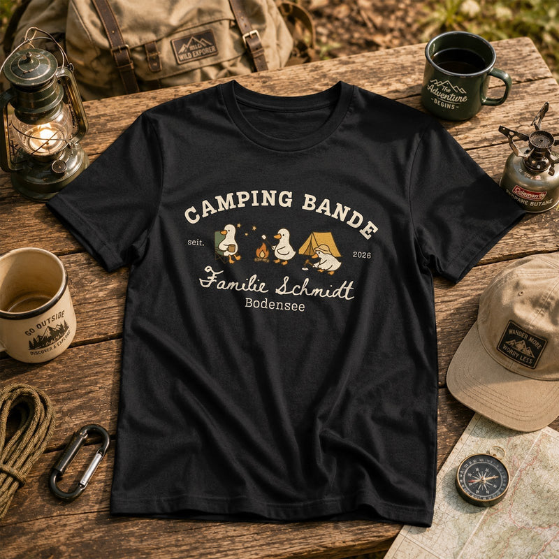 Camping T-Shirt „Camping Bande“ personalisiert mit Familienname, Ort und Jahr