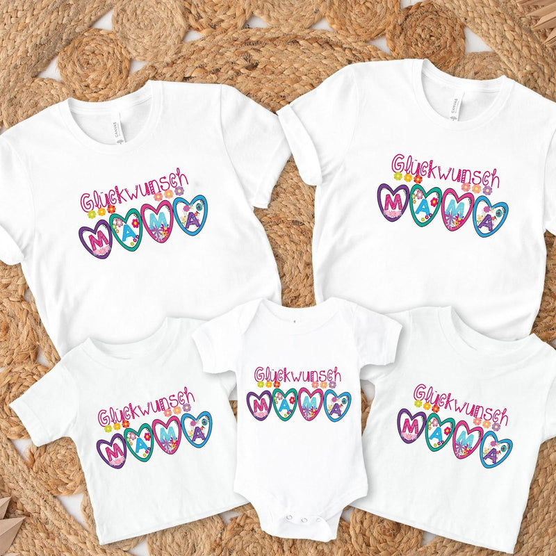 Mama T-Shirt „Glückwunsch Mama“ mit bunten Herzen