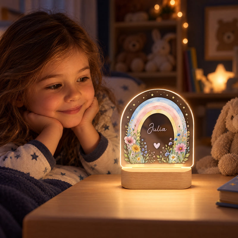 Nachtlicht mit Namen und Datum – Regenbogen mit Wildblumen