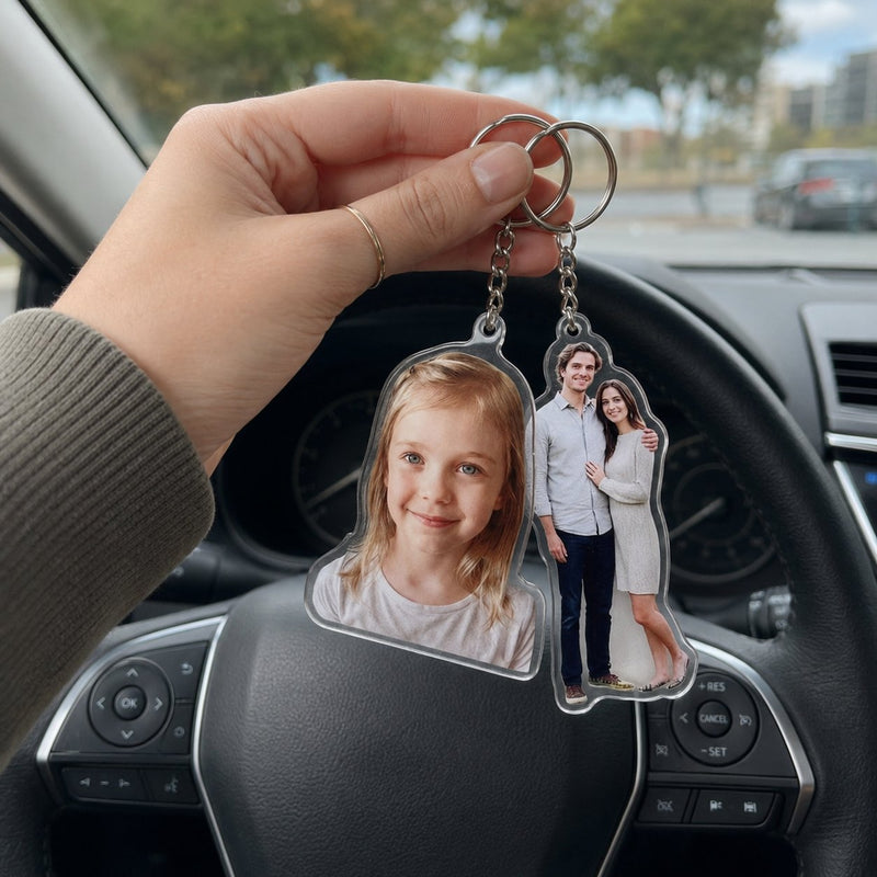 Foto-Schlüsselanhänger + Autoanhänger „Drive Safe“ mit Namen