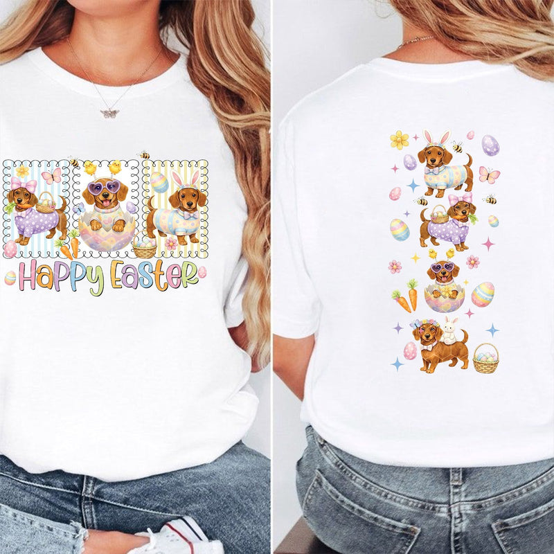 Dackel Oster T-Shirt vorne und hinten bedruckt „Happy Easter“