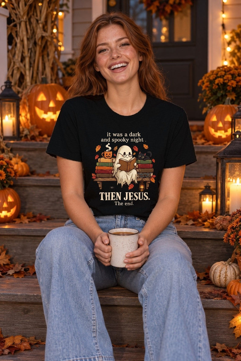 Christliches Halloween-Shirt „It was a dark and spooky night… then Jesus. The …“