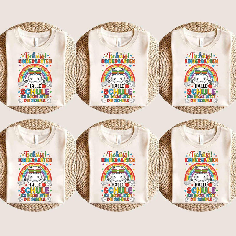 Einschulung T-Shirt Einhorn „Tschüss Kindergarten – Hallo Schule, ich rocke …“