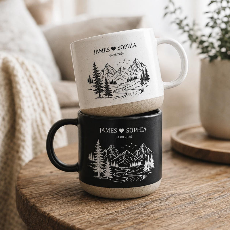 Pärchen-Tasse mit Bergen personalisiert mit Namen und Datum