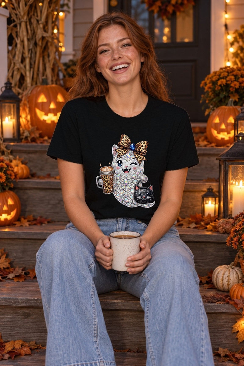 Glitzer-Geist-Shirt in Strass-Optik mit Leo-Schleife, Latte und schwarzer Katze
