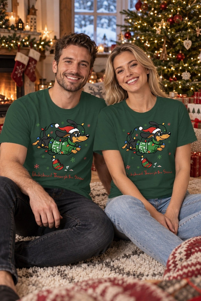 Dackel Weihnachtspullover „Dachshund Through the Snow“ – Dackel im Strickpulli …