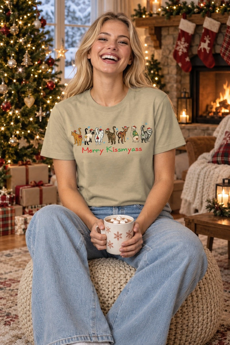 Lustiger Weihnachtspullover Katzen „Merry Kissmyass“