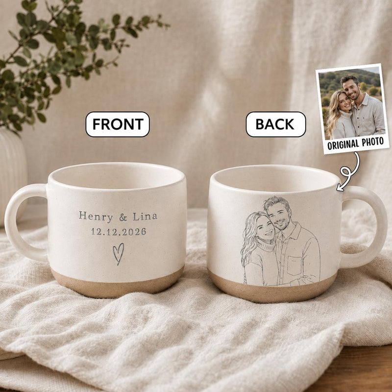 Pärchen-Tasse personalisiert mit Line-Art-Porträt nach eurem Foto, Namen & Datum