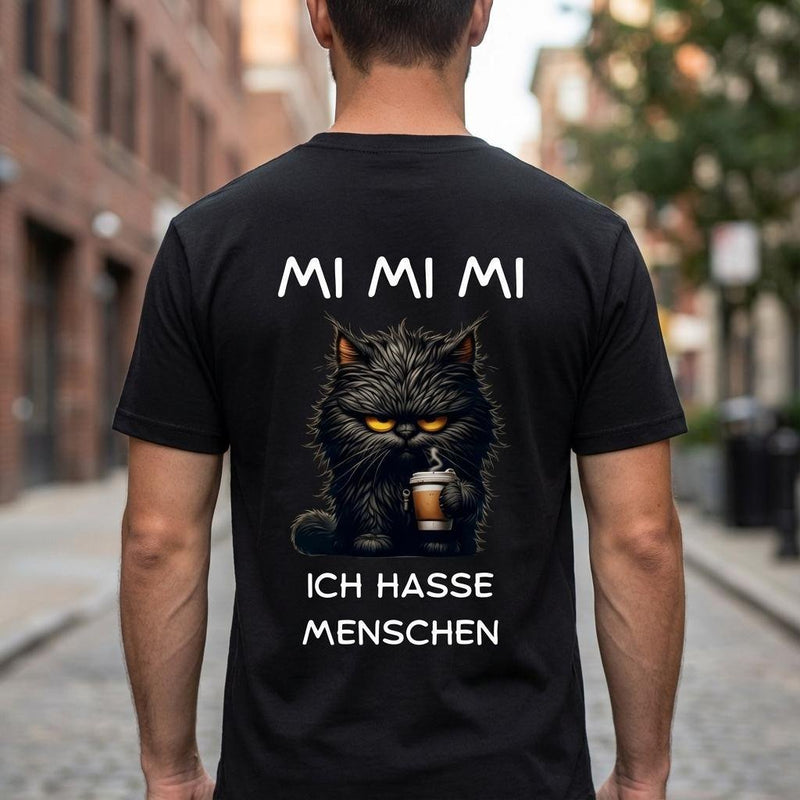 Grimmige Katze T-Shirt „Mi mi mi – ich hasse Menschen“