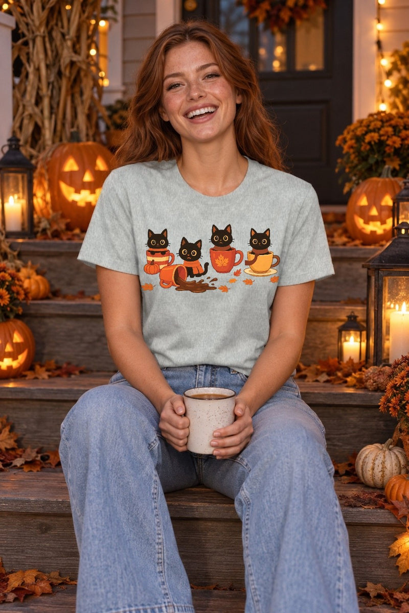 Herbst-Pullover mit schwarzen Katzen in Kaffeetassen