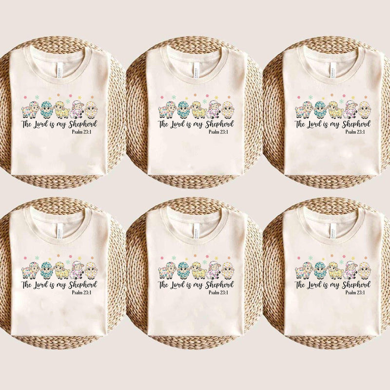 Christliches Shirt „The Lord is my Shepherd“ mit bunten Schäfchen