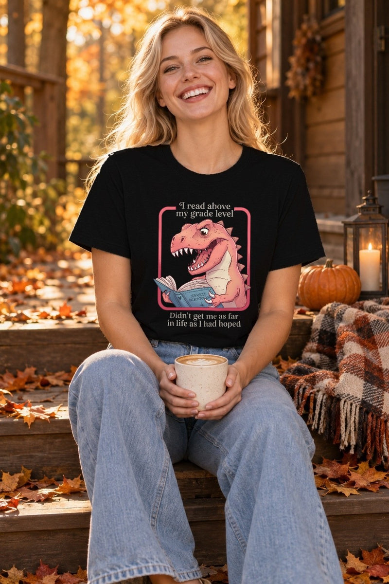 Lustiges Leseratten-Shirt „I read above my grade level“ mit T-Rex