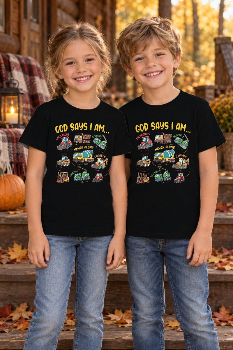 Christliches Kinder-Shirt „God says I am…“ mit Baustellenfahrzeugen
