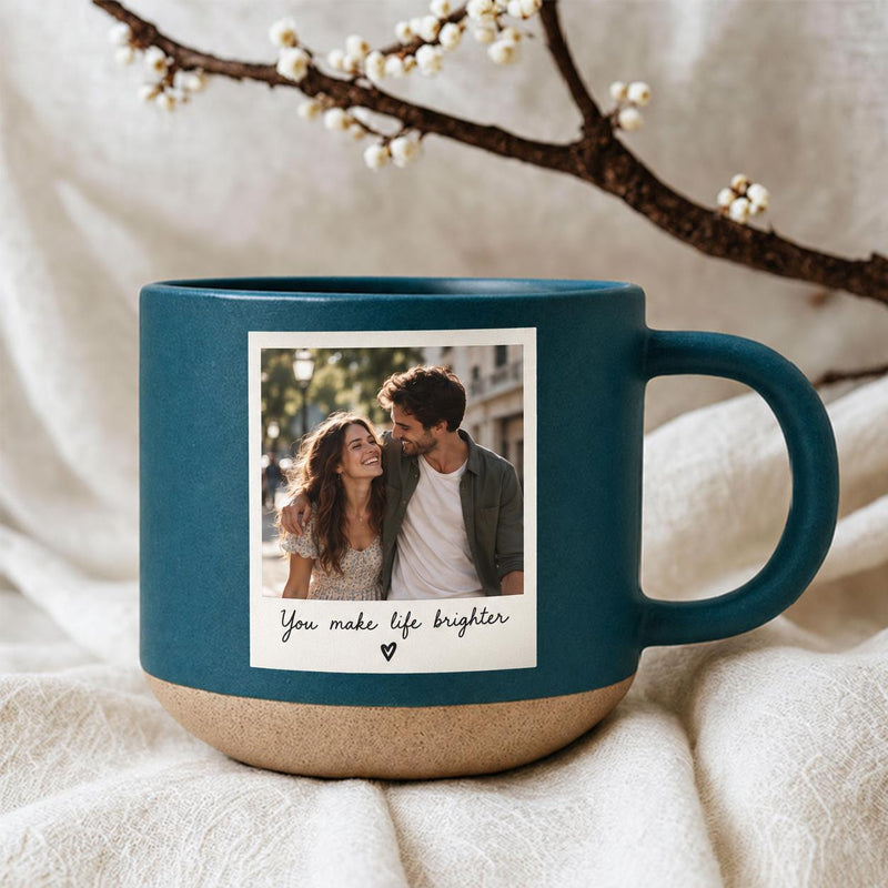 Personalisierte Fototasse im Polaroid-Look mit Wunschtext