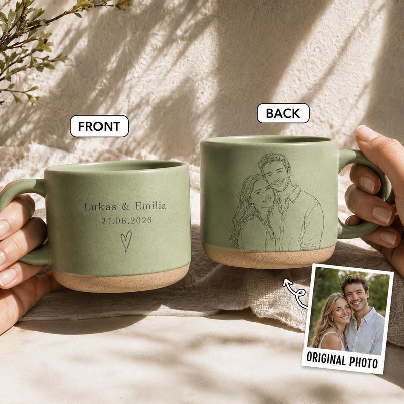Pärchen-Tasse personalisiert mit Line-Art-Porträt nach eurem Foto, Namen & Datum