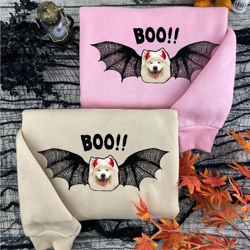 Halloween-Pullover mit Foto deines Hundes „BOO!!“