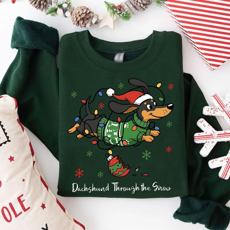 Dackel Weihnachtspullover „Dachshund Through the Snow“ – Dackel im Strickpulli …