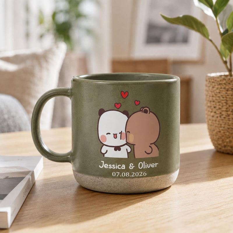 Pärchen-Tasse BuBu & Dudu mit Panda und Bär, personalisiert mit Namen und Datum