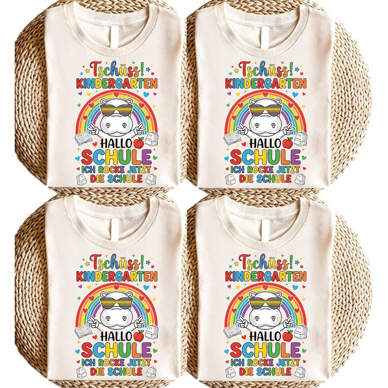 Einschulung T-Shirt Einhorn „Tschüss Kindergarten – Hallo Schule, ich rocke …“