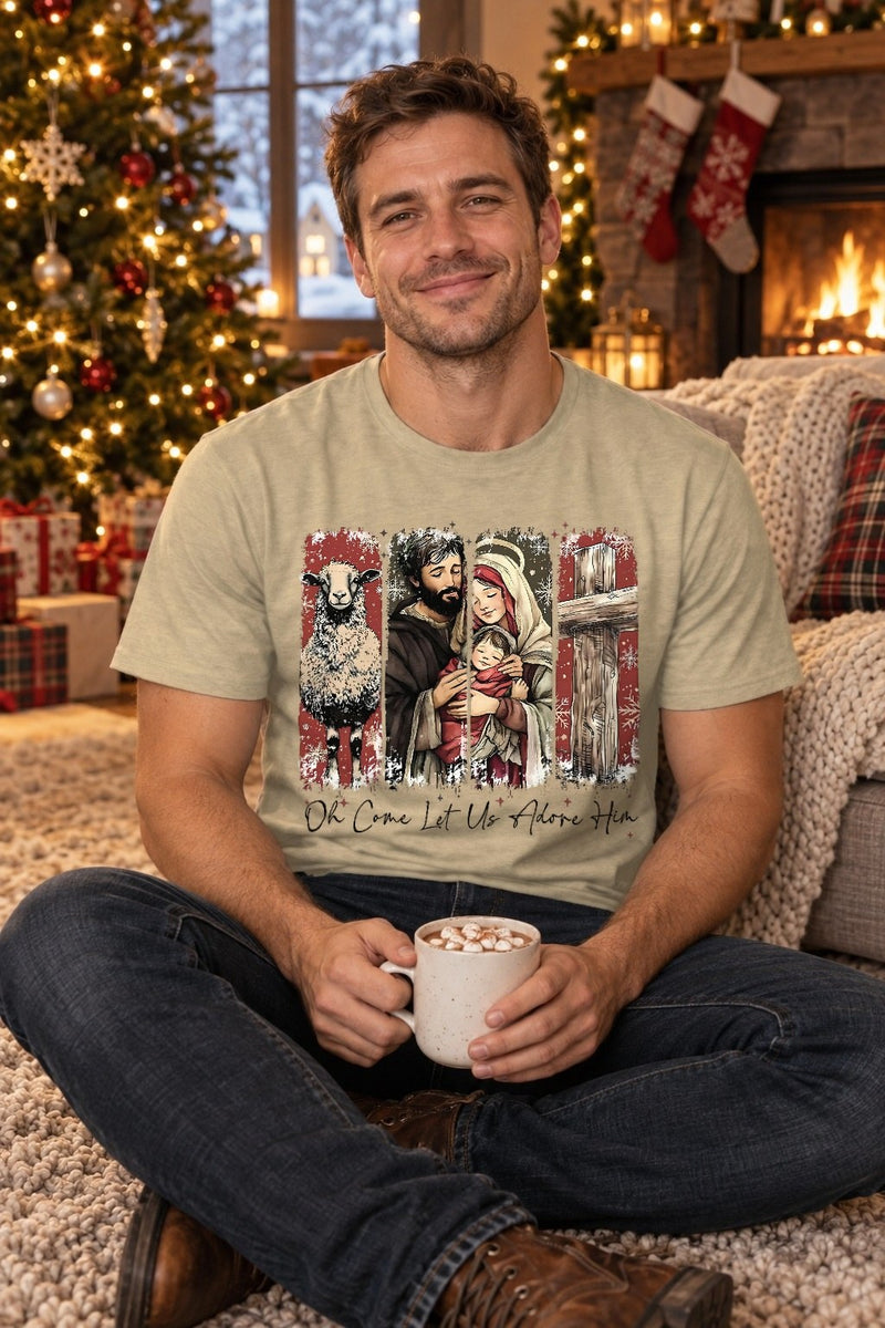 Christlicher Weihnachtspullover „Oh Come Let Us Adore Him“ – Heilige Familie …