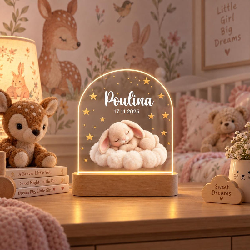 Nachtlicht Hase auf Wolke mit Namen und Datum