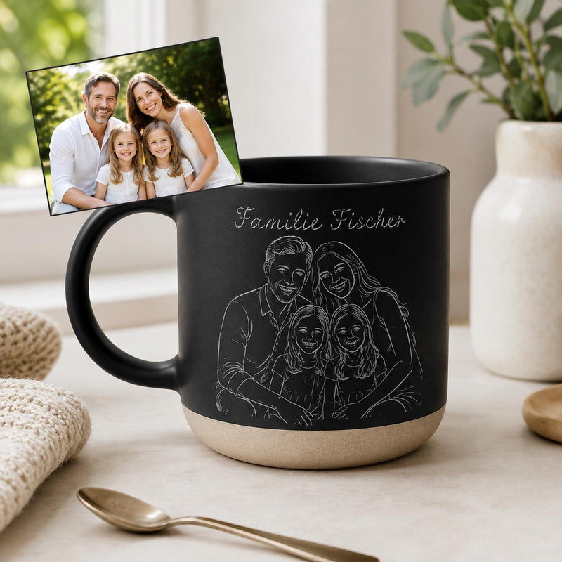 Personalisierte Fototasse mit Line-Art-Porträt aus deinem Foto