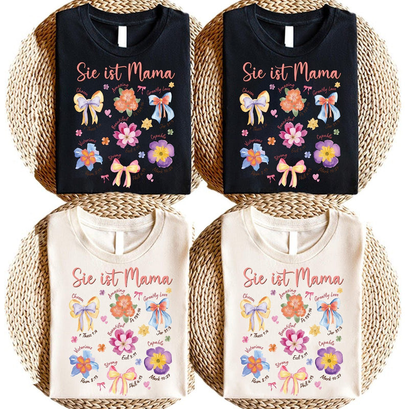Christliches Mama T-Shirt „Sie ist Mama“ mit Blumen, Schleifen und Bibelversen