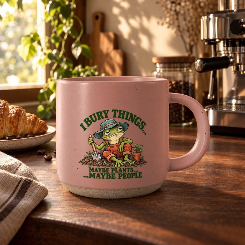 Frosch-Tasse für Gärtner „I Bury Things… Maybe Plants… Maybe People“