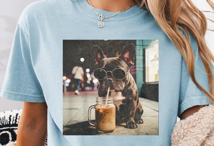 Hunde-Shirt mit Französischer Bulldogge mit Sonnenbrille und Eiskaffee