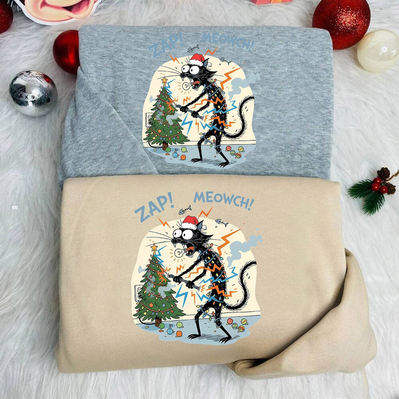 Lustiger Weihnachtspullover schwarze Katze „ZAP! MEOWCH!“