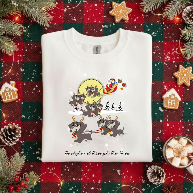 Dackel Weihnachtspullover „Dachshund Through the Snow“ – Dackel als Rentiere …