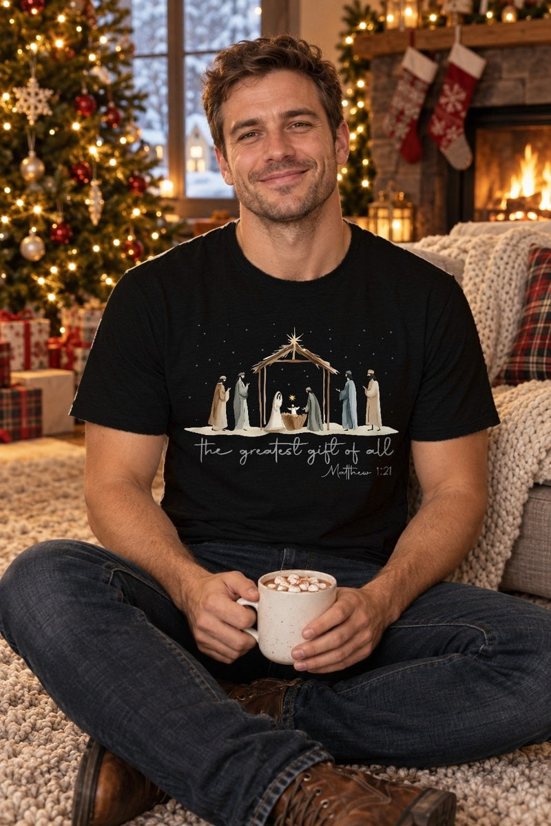 Christliches Weihnachtsshirt „The Greatest Gift Of All“ mit Krippe