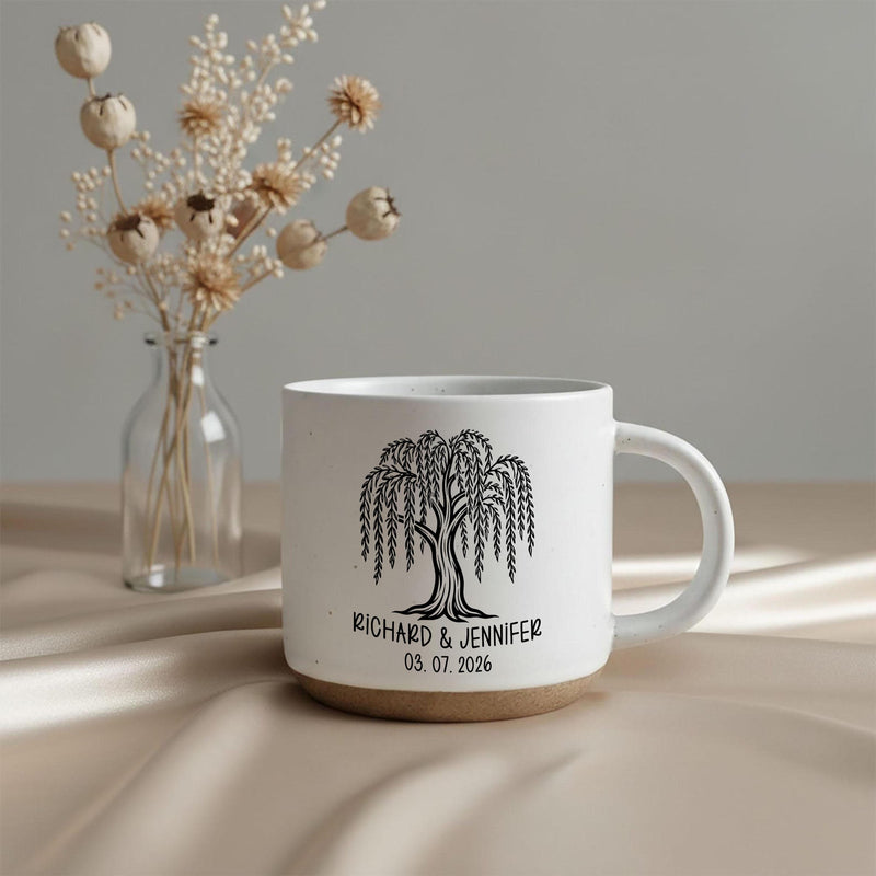 Personalisierte Tasse mit Trauerweide, Namen und Datum