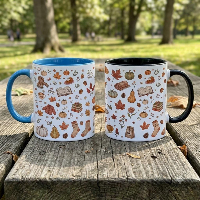 Gemütliche Herbst-Tasse mit Kürbis, Büchern und Pullover-Muster