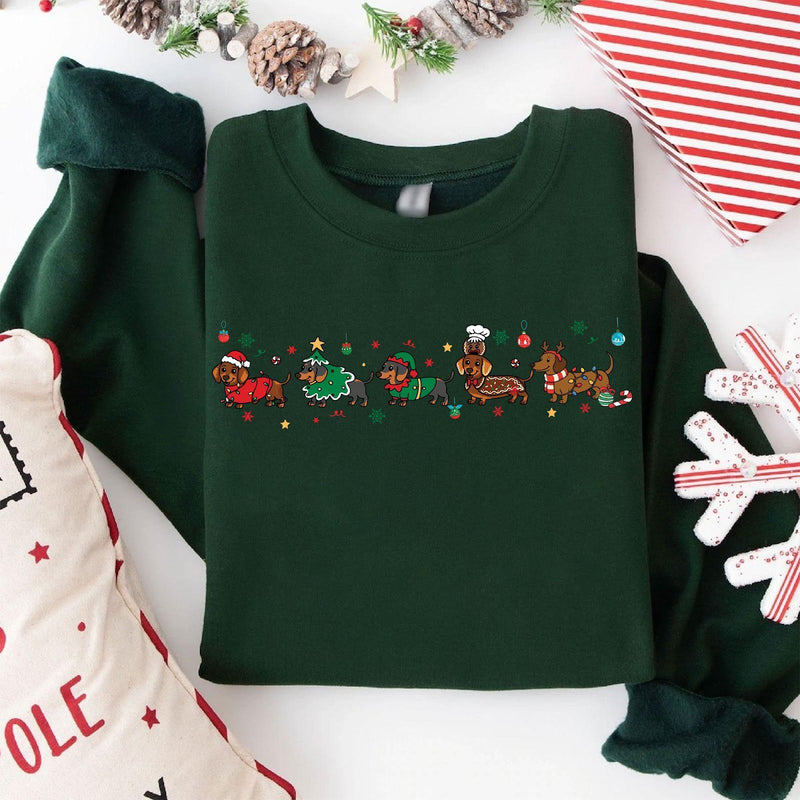 Dackel Weihnachtspullover – fünf Dackel als Weihnachtsmann
