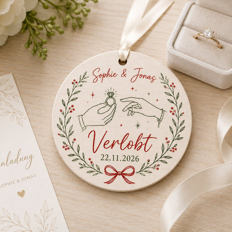 Verlobungsgeschenk Anhänger „Verlobt“ mit Namen und Datum