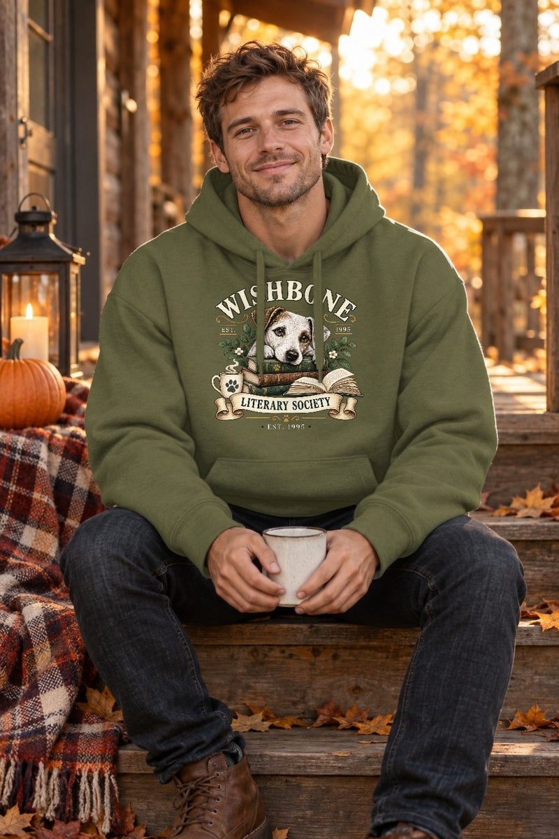 Buch-Shirt mit Hund auf Bücherstapel „Literary Society“