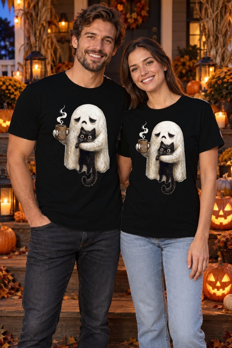 Halloween-Shirt mit Geist und schwarzer Katze