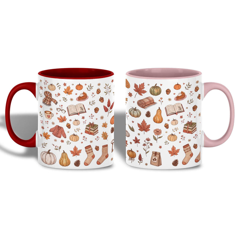 Gemütliche Herbst-Tasse mit Kürbis, Büchern und Pullover-Muster